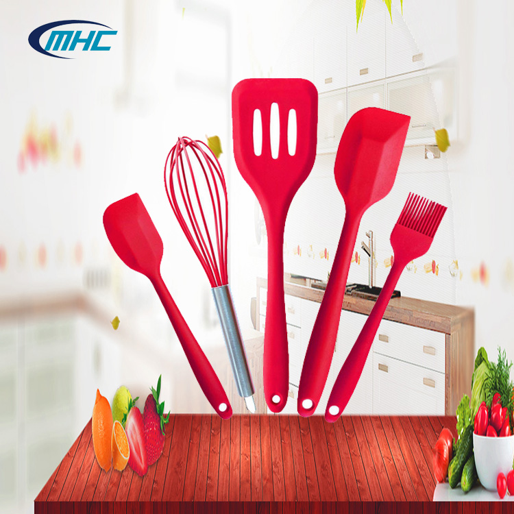 Silicone Kitchenware Set 5-Piece Baking Tool Spatula Oil Brush Egg Beater Cooking Spoon Dishwasher Safe Non-Stick