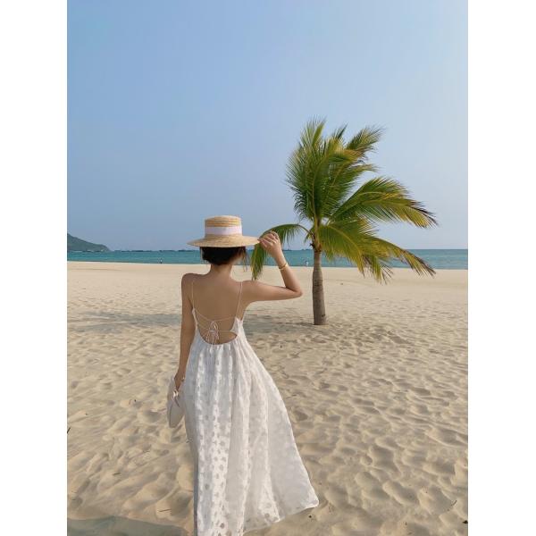 Sexy Back Tie Strap 115cm White Sleeveless Beach Dress Mid Length