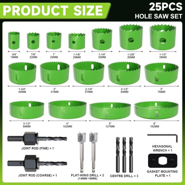 25pc BI Metal Hole Saws 19mm - 152mm M42 Cobalt Hole Saw Kit