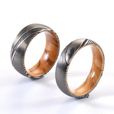 Anneaux de mariage d'acier de Damas, manches en bois d'olivier, incrustées, 6 mm, 8 mm, cadeau de Noël