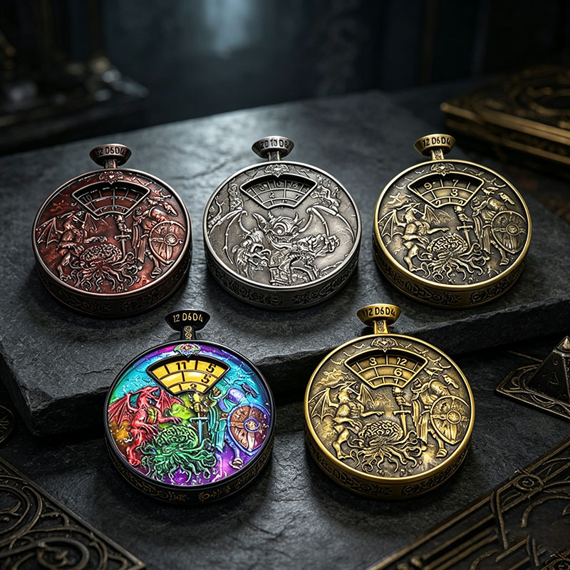 Premium Antique Copper Metal Dice Spinner with 7-in-1 Dual Sided Design and Press-to-Spin Mechanism for TRPG Gaming