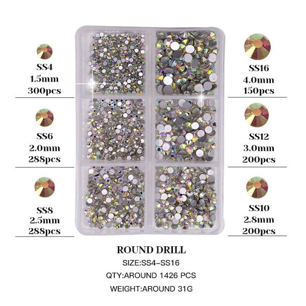 Nail SPA 6 Grid Mix Flat Bottomed Glass Shaped Drill Crystal Multi Shape Glass Diamonds