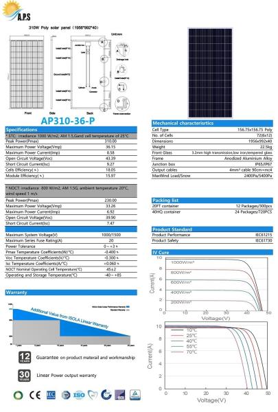 72 Cell 36V solar panel photovoltaic module Polycrystalline  Poly 310W,315W,320W,325W,330W,335W, 340W  Solar Power