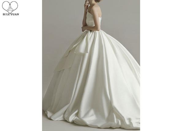 Cream Satin Beautiful Ball Gown Wedding Dress Strapless Big Bow Pleating