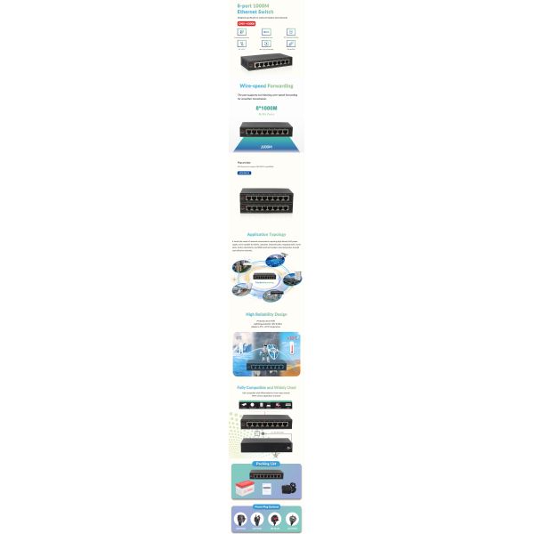 Metal Housing 8 Port Gigabit Ethernet Switch 16Gbps Switching Capacity Fanless Design