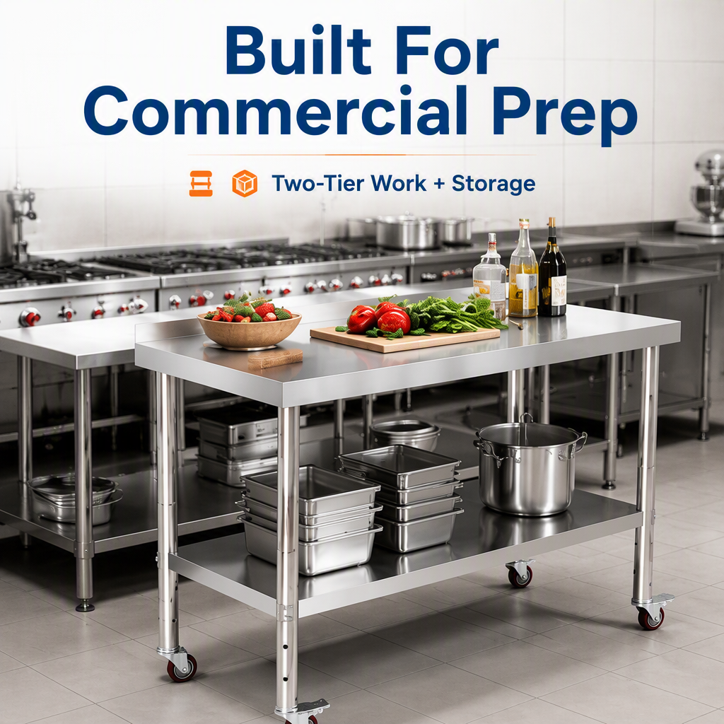 Commercial Stainless Steel Work Table with Adjustable Height and Mobile Swivel Casters for Restaurant Kitchen Use