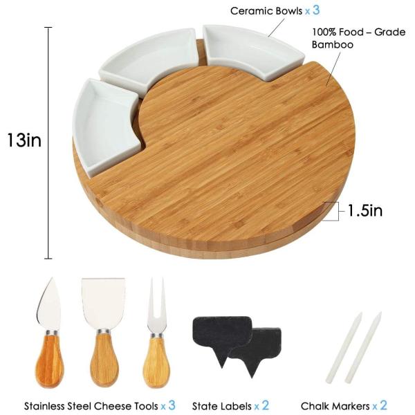 Natural Removable Snack Ceramic Server Bowls with Round Bamboo Cheese Board 33X33X5CM
