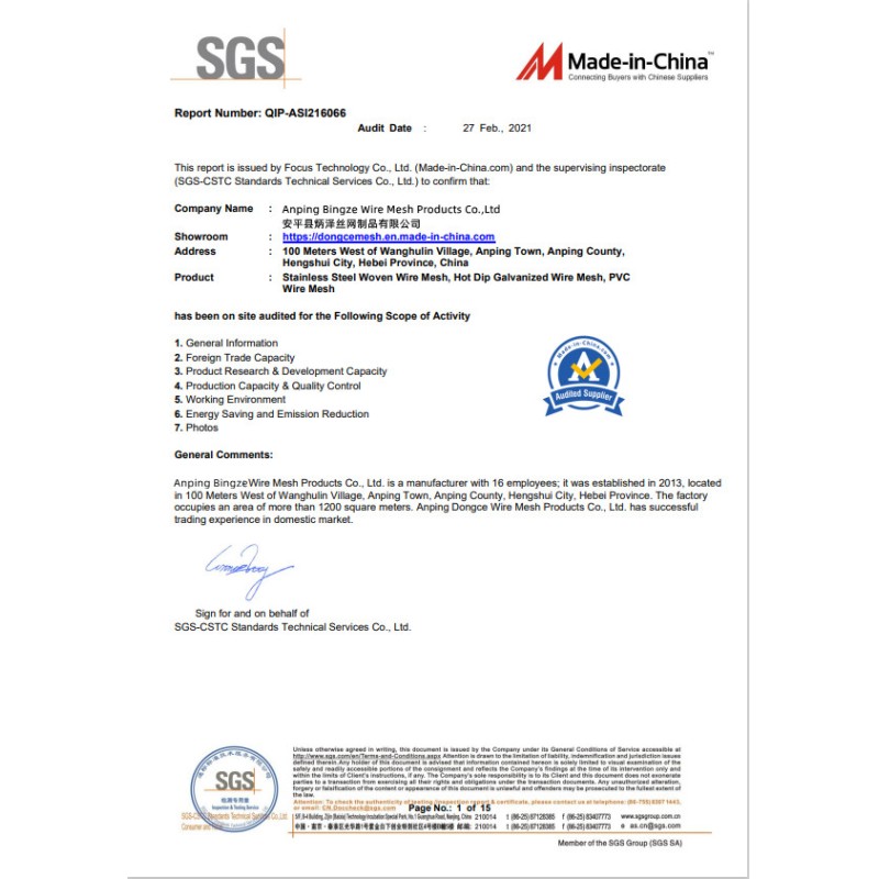 ANPING BINGZHE METAL PRODUCTS CO.，LTD Certifications
