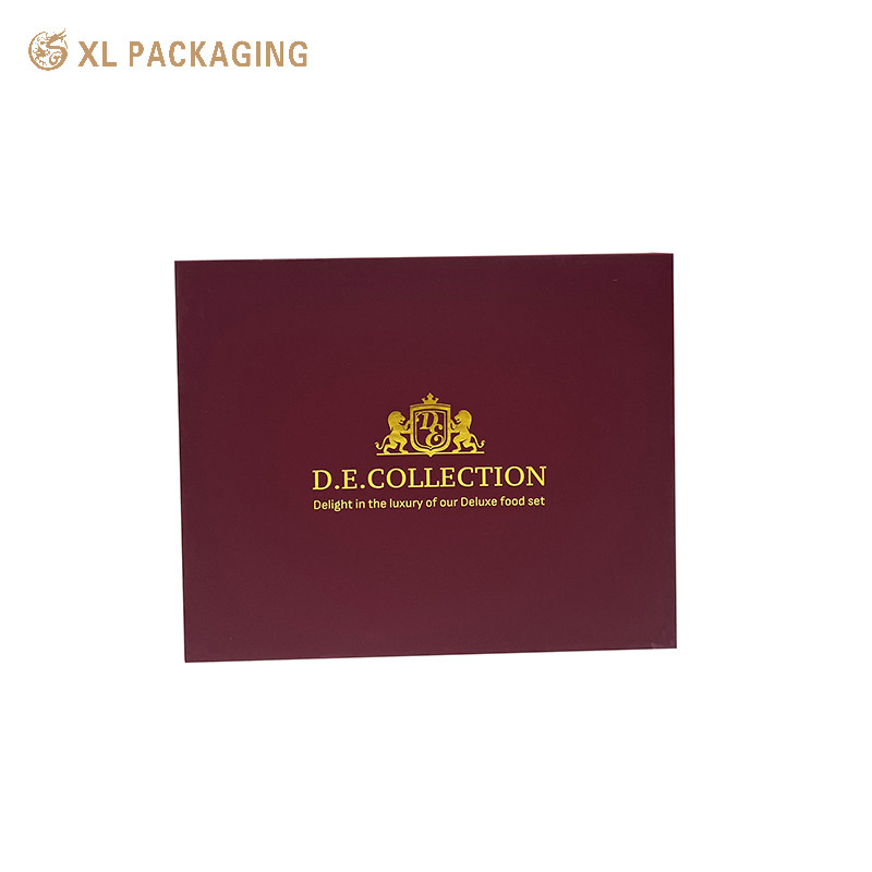 Luxury Magnetic Flip Book Gift Box Burgundy Soft Touch Paper Hot Foil Gold Logo Empty Deluxe Packaging Box For Holiday Presents
