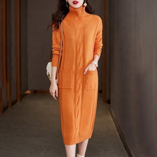 Custom 7 GG Knitted Women's Sweater Dress with Anti-Wrinkle Turtleneck for Winter