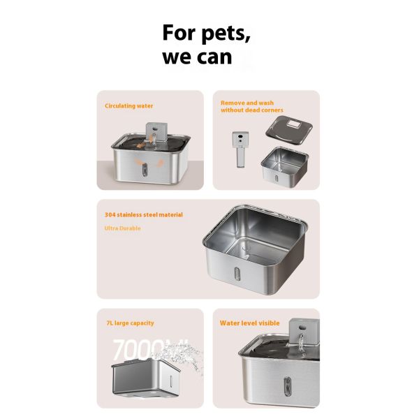 Smart Rechargeable All Stainless Steel Pet Water Dispenser Large 7L Automatic Dog Bowl Solid PC Unplugged Charge Water Bottle