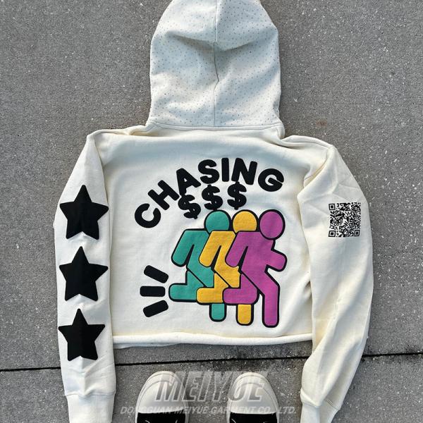 Rhinestone Pullover Hoodie Puff Printing Oversized Drop Shoulder Hoodie 500 Gsm