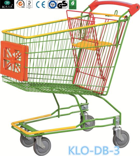 Caddie style Colorful Zinc Plated Supermarket Shopping Trolley With Advertisement Board 100L