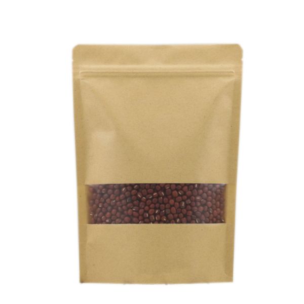 Premium Brown Standing Zipper Pouches Plastic Food Packaging Bags Clear Window Kraft Craft Paper Bags