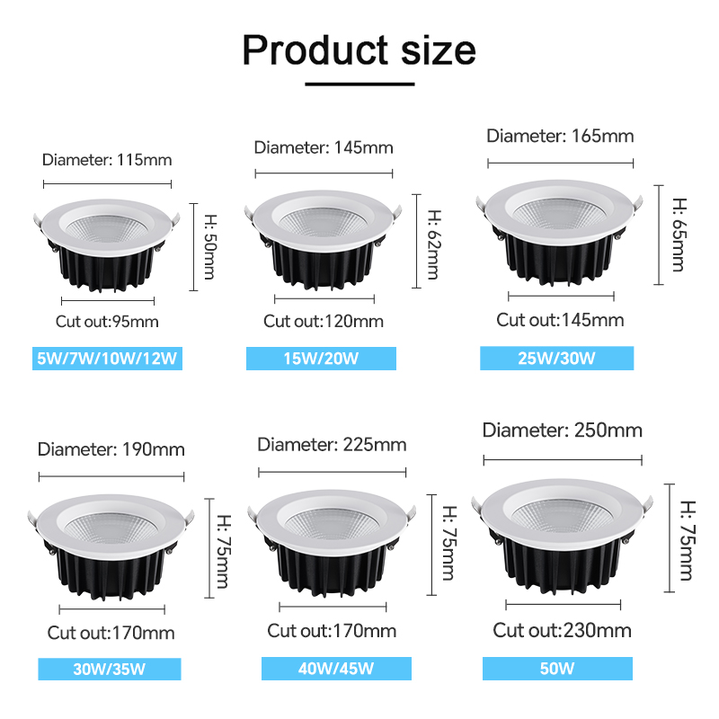 Factory Price Recessed COB LED Downlight 20W 30W 50W CCT Adjustable Power Dimmable CRI90 Ceiling Down Light