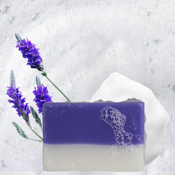 Cuidado orgânico roxo do corpo do óleo de coco da alfazema do alvejante do sabão de cara