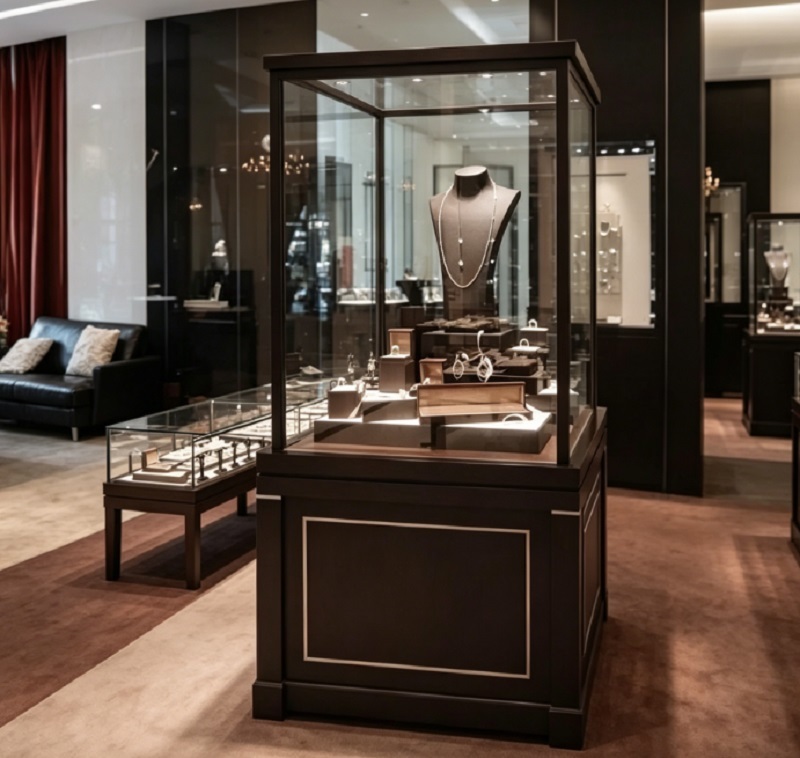 Luxury Dark Wood Jewelry Display Case, Museum Style Floor-Standing Showcase with LED Lighting & Lockable Glass Top