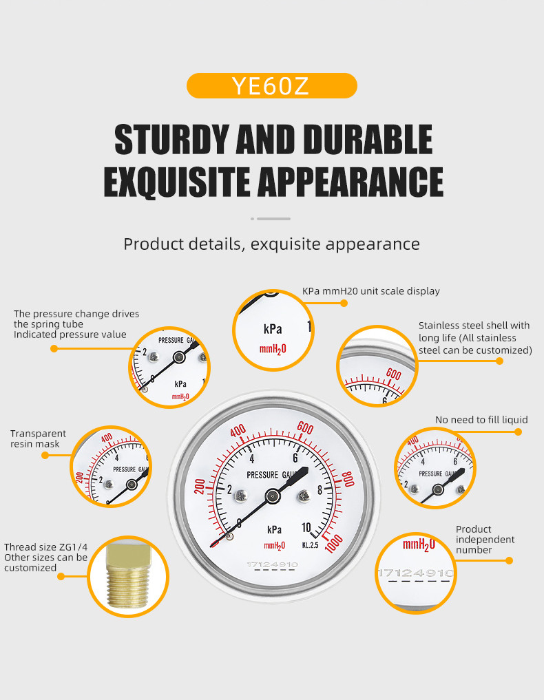 Customized Support OEM 2.5 Inch 65mm Diaphragm Manometer 16kpa Micro Pressure Gauge
