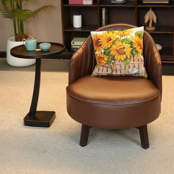 Retro Single Sofa Chair Balcony Leisure Backrest Chair Living Room Salon Comfortable Leather Seat Solid Wood Frame Accent Chair