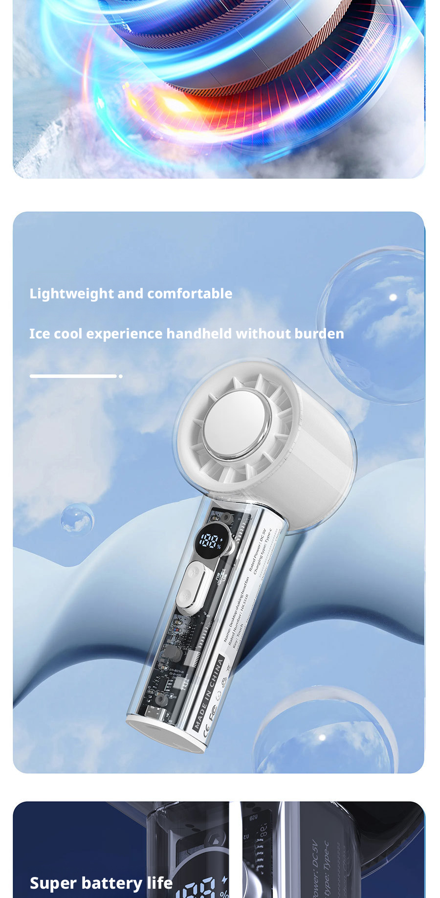 Customized 3000mAh Mini Battery Operated Fan Handheld Digital Display Personal Cooling