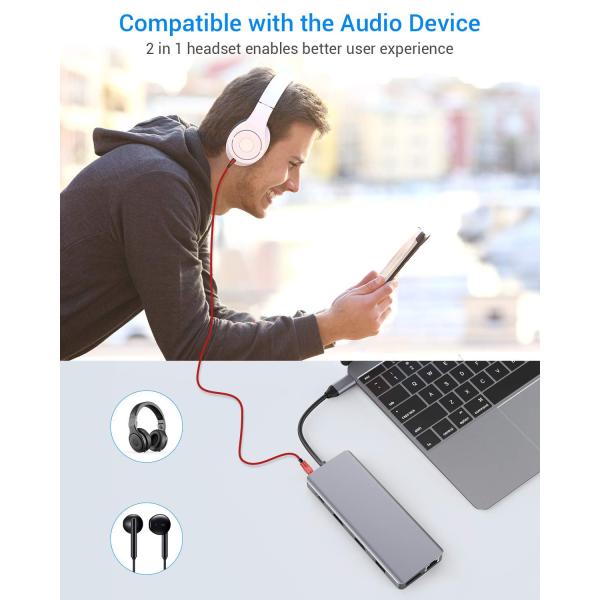 Серебряный портативный USB C-хаб мультипортный адаптер с HDMI 3.5mm Audio Jack для MacBook Pro
