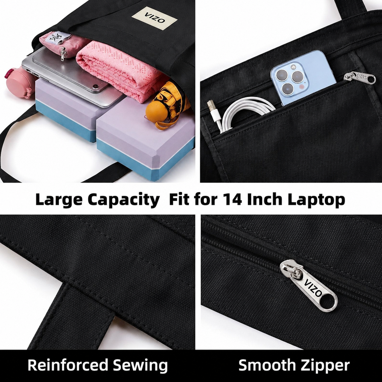 Large Yoga Mat Tote Bag with Mat Holder & 14-Inch Laptop Compartment, Multi-Pocket Yoga Gym Bag for Women, Pilates, Fitness & Travel | VIZO
