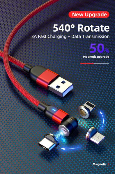 540° rotation USB magnetic cable nylon braided 3 in 1 magnetic cable fast charging 3A type C cable charger