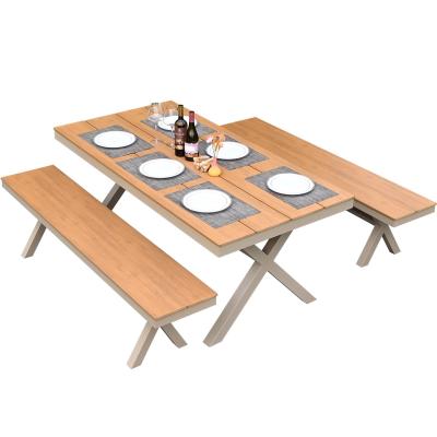 Outdoor Plastic Wood Table and Chairs – Villa Garden Patio Furniture, Weatherproof & Anti-Corrosion Leisure Set for Open-Air Use.