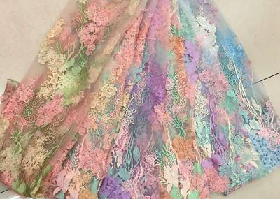 3D Beaded Lace Fabric , Scalloped Multi Color Floral Embroidered Fabric For Skirt
