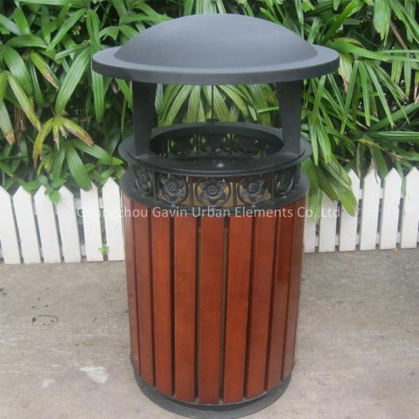 Public Hardwood Wooden Waste Bin With Galvanized Steel Liner