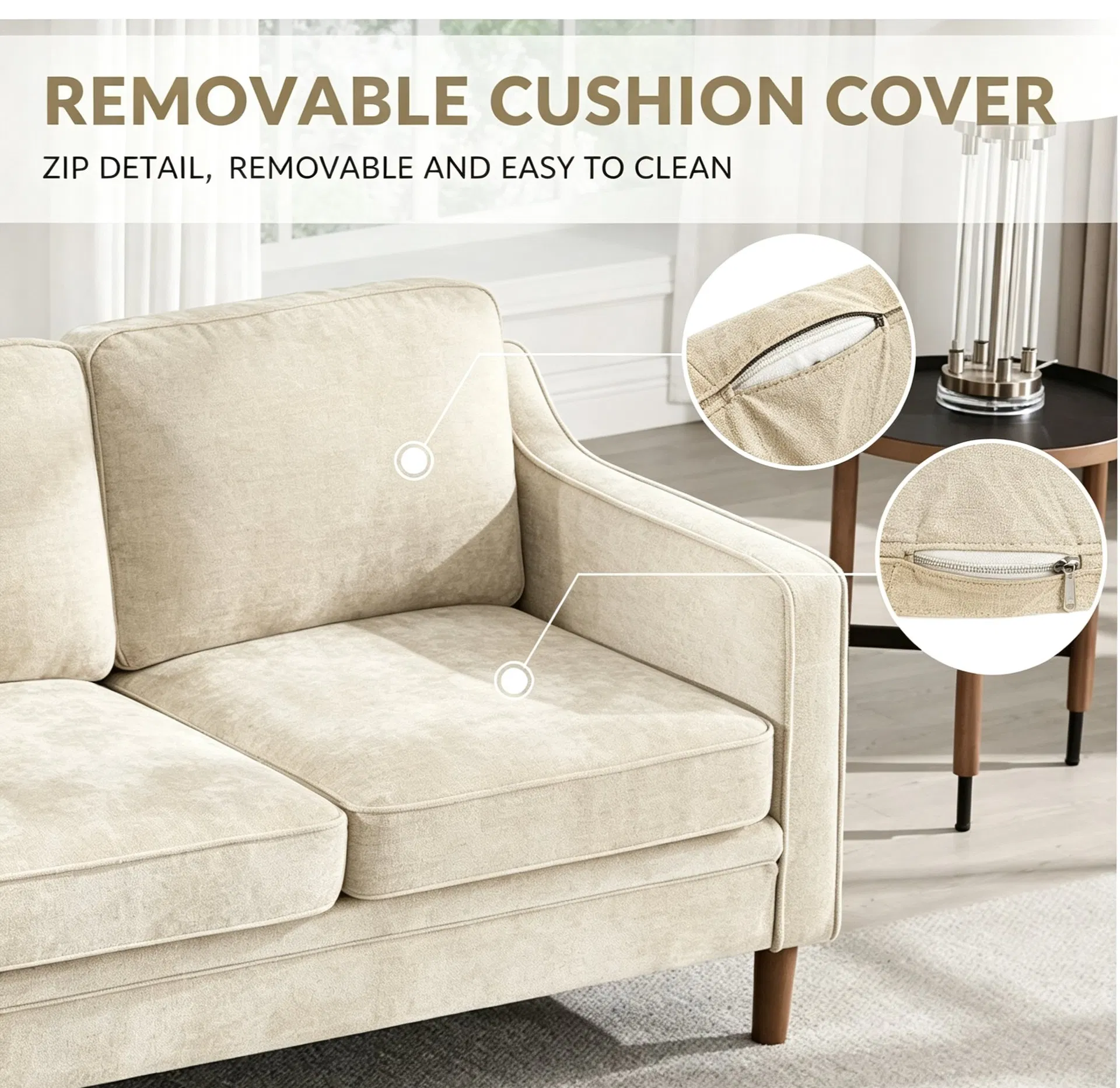 Simple Style Cream Three Seater Sofa for Compact Apartment Living Room Home Layout Design