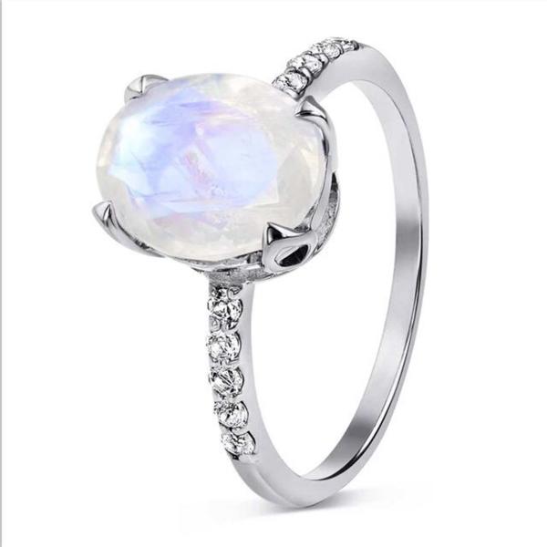 Elegant Plated Oval Cut Claw Setting Moonstone With CZ Rings Engagement Women Anniversary Ring
