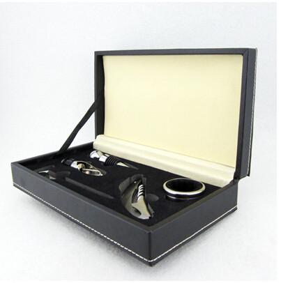 New Arrival 5pcs set pu leaher case silver stainless steel wood bottle opener corkscrew