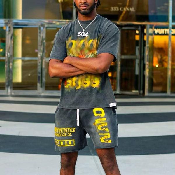 Streetwear Summer 100 Cotton Tracksuit Shorts Set Mens  Screen Printing Heavyweight