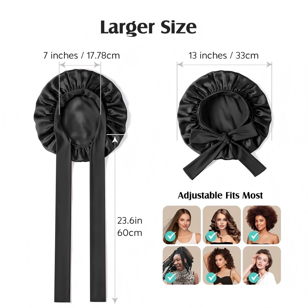 Adjustable Satin Silk Lined Double Layer Hair Bonnet With Tie Band
