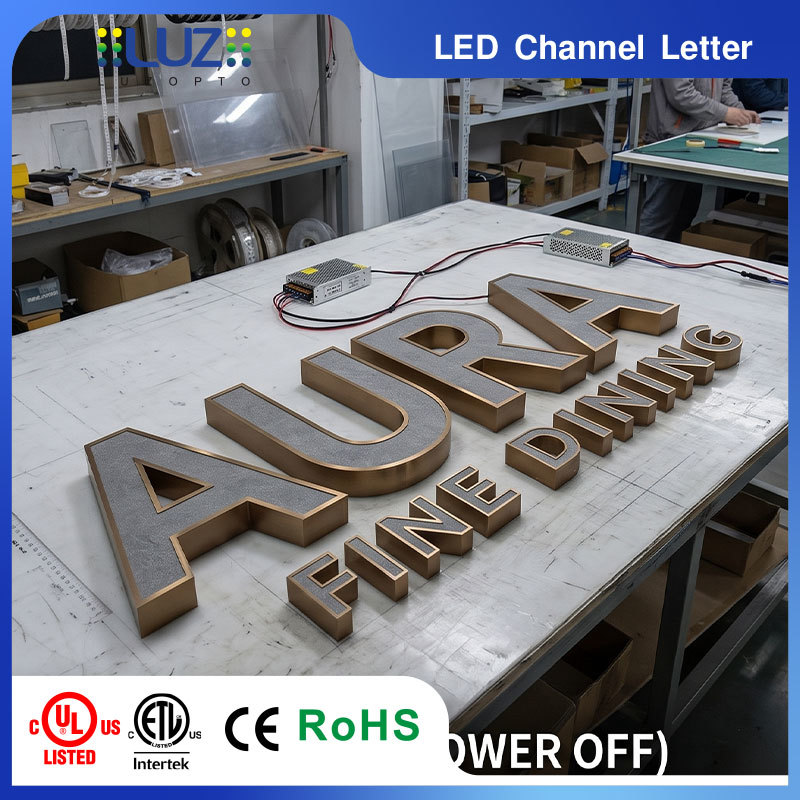 Titanium Gold Finish Plating Slim Casing Front Lit Covered Sheet LED Signage For Luxury Restaurant