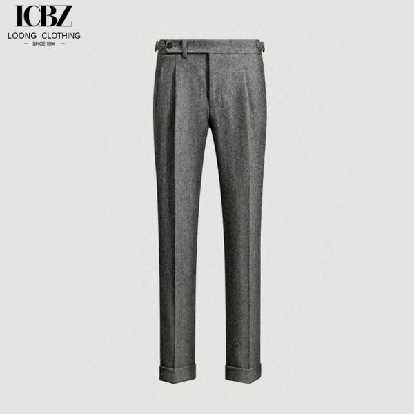 Logotipo personalizable Pantalones de lana de herringbone de tweed gris para hombres para uso comercial y informal