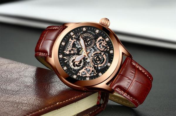 KINYUED oem waterproof custom logo leather fashion tourbillon skeleton wrist watch luxury automatic watches mens watch