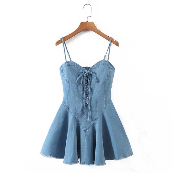 Vestido quente da cintura do laço da sarja de Nimes do verão da mola da menina do vestido do deslizamento da sarja de Nimes do estilo da rua do OEM