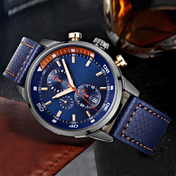 Men Sport Chronograph Alloy Quartz Wrist Watch Genuine Leather Analog Digital