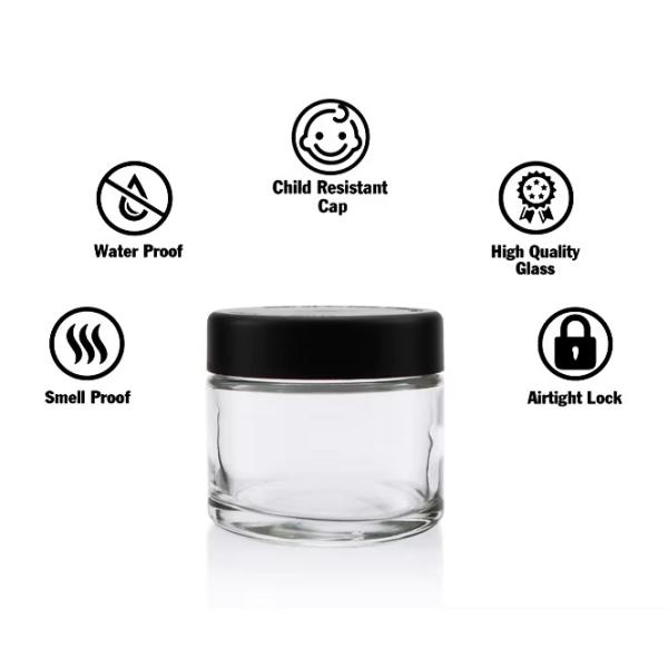 Clear Smell Proof Jars Food Storage Container Wide Mouth Airtight Clear Empty Glass Jars With Black Caps Wholesale