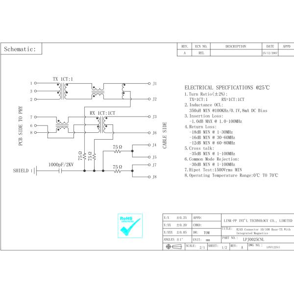 RJ-001 Magnetic RJ45 Jack with Resistor / High Voltage Capacitor LPJ0025CNL