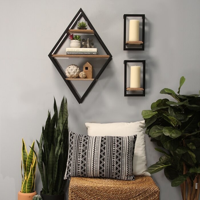 3 Tiers Metal Wooden Diamond MDF E1 Wall Floating Square Shelves for Stylish Display