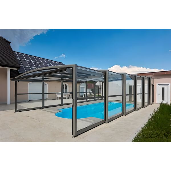 Custom Retractable Electric Glass Roof for Swimming Pool Aluminum Sunroom Automatic Slide Pool Cover Flat for Hotels Apartments