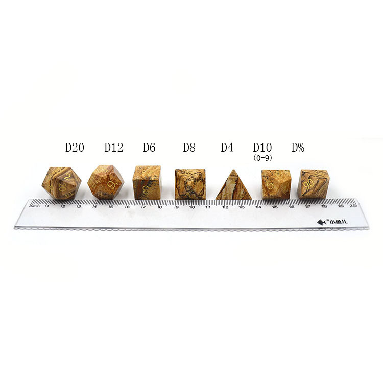 Natural Picture Jasper Gemstone Polyhedral Dice Set - Hand Carved DND Dice with Golden Ink Engraved Numbers