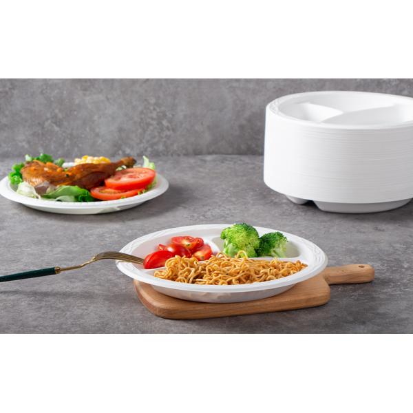 White Plastic Plates, 9 Inch 3 Compartments 150 Pack Food Grade Material BPA Free Reusable Dinner Plates