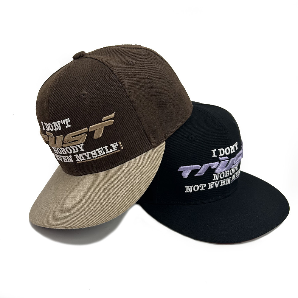 Custom 3D Embroidered 6 Panel Snapback Caps Flat Bill Brim Unstructured Adjustable