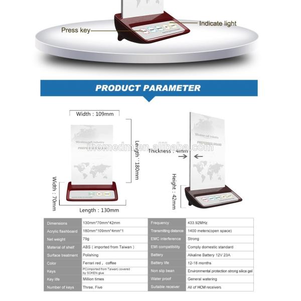 Botón de llamada de camarero inalámbrico para porta menú de tablero acrílico