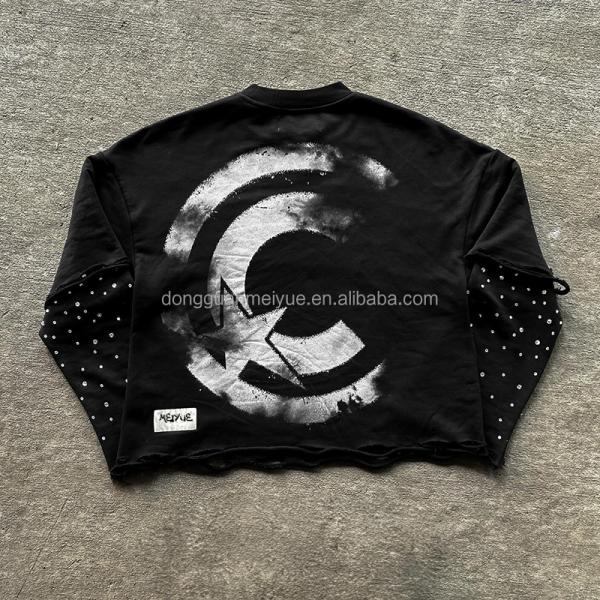 Camiseta personalizada Rhinestone Distressed Unisex bordado Manga larga doble capas camiseta de gran tamaño pesado para hombres