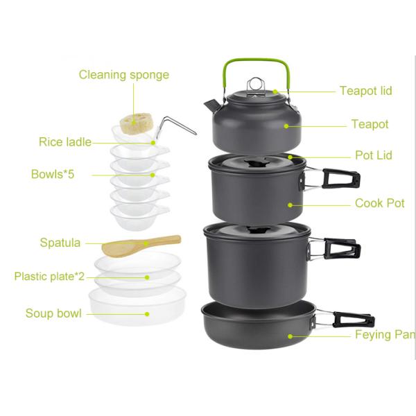 4-5 Cookware человека на открытом воздухе располагаясь лагерем установил крепко алюминиевый сплав